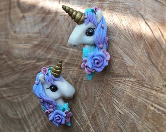 lilac unicorn stud earrings, polymer clay jewelry, unicorn earrings