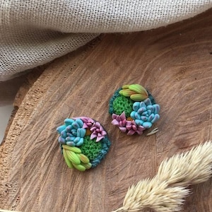 Succulents stud earrings, round stud, succulents jewelry, polymer clay jewelry