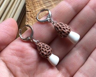 Mushroom earrings, morel mushroom earrings, morel jewelry, polymer clay earrings