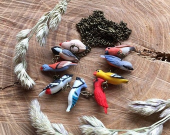 Colorful birds necklace, little birds necklace, polymer clay birds, colorful mini birds, mini birds beads,