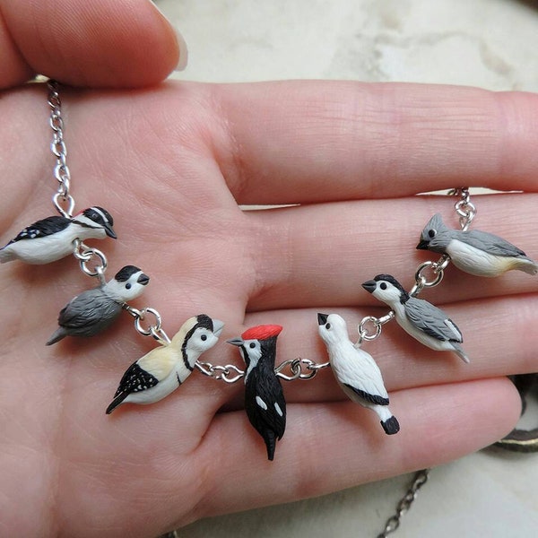 Birds beaded necklace, monochrome necklace, little birds, polymer clay jewelry, small birdies neckalce