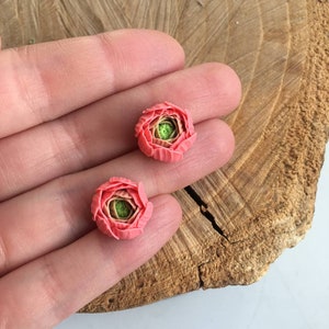 Peach pink ranunculus flower stud earrings, Bridesmaid Gifts, polymer clay jewelry, pink flower earrings image 6