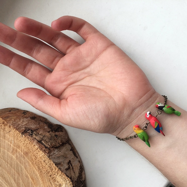 Parrot macaw lovebirds little birds bracelet polymer clay jewelry