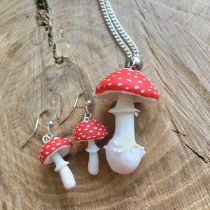 Mushroom earrings, Set of mushroom jewelry, fly agaric drop earrings, amanita jewelry