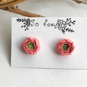 Peach pink ranunculus flower stud earrings, Bridesmaid Gifts, polymer clay jewelry, pink flower earrings image 2