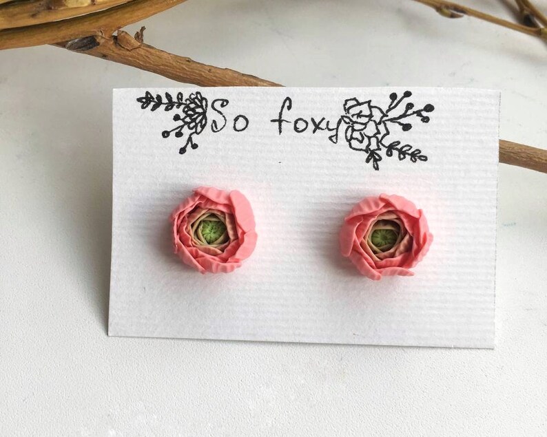 Peach pink ranunculus flower stud earrings, Bridesmaid Gifts, polymer clay jewelry, pink flower earrings image 2