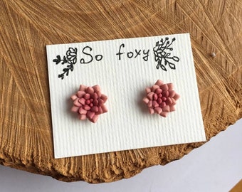 Pink flower polymer clay stud earrings, pink succulent post earrings, polymer clay jewelry