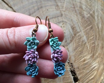 AVAILABLE succulents floral dangle earrings, mint blue pink flower earrings