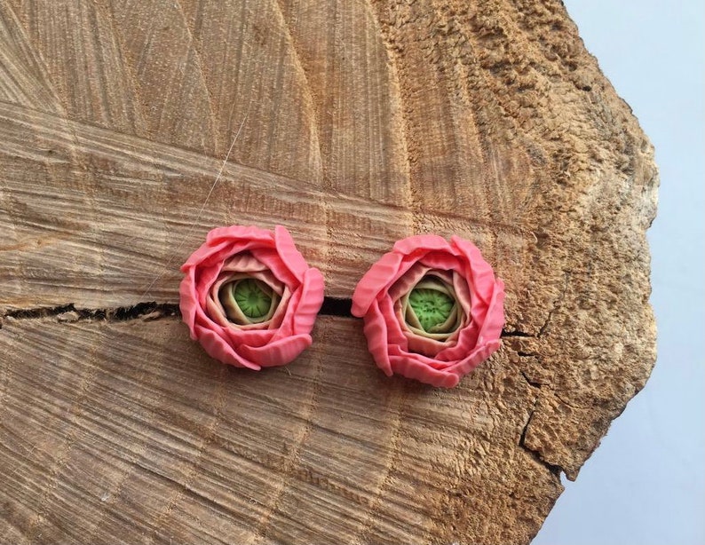 Peach pink ranunculus flower stud earrings, Bridesmaid Gifts, polymer clay jewelry, pink flower earrings image 3