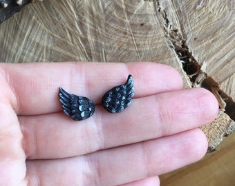 Angel wing earrings, black small stud, polymer clay earrings