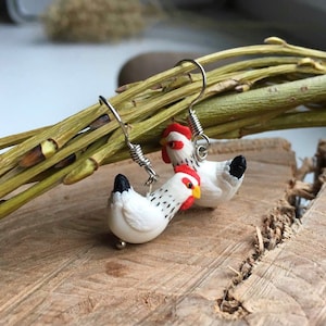 Little hens chicken earrings birds polymer clay jewelry