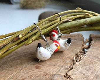 Little hens chicken earrings birds polymer clay jewelry