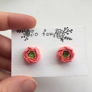 Peach pink ranunculus flower stud earrings, Bridesmaid Gifts, polymer clay jewelry, pink flower earrings image 5