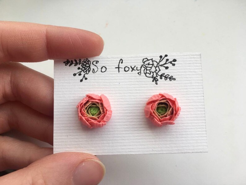 Peach pink ranunculus flower stud earrings, Bridesmaid Gifts, polymer clay jewelry, pink flower earrings image 5