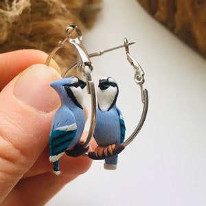 Blue jay birds hoop earrings, polymer clay jewelry, blue jay earrings, birds earrings