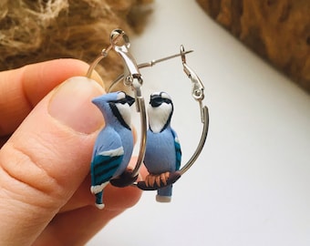 Blue jay birds hoop earrings, polymer clay jewelry, blue jay earrings, birds earrings