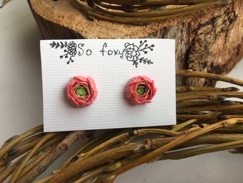 Peach pink ranunculus flower stud earrings, Bridesmaid Gifts, polymer clay jewelry, pink flower earrings image 9