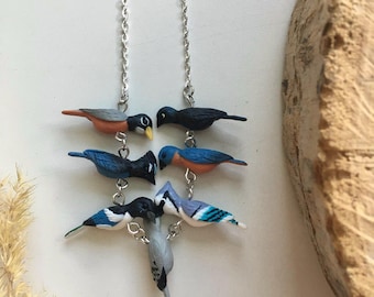 Handmade Colorful Birds Necklace, Polymer Clay Bird Lover Jewelry, Gift for Birdwatcher
