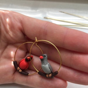 Red cardinal birds hoop earrings made from polymer clay, AVAILABLE