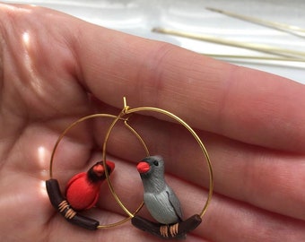 Red cardinal birds hoop earrings made from polymer clay, AVAILABLE