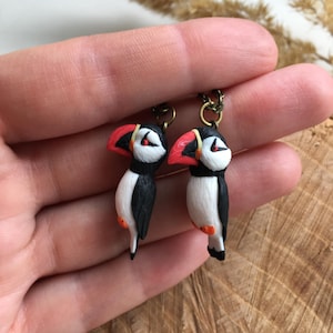 Puffin bird earrings, seaside bird jewelry, polymer clay puffin jewelry, bird lover gift, unique animal jewelry