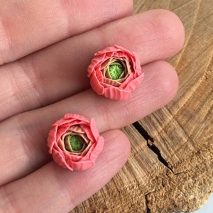 Peach pink ranunculus flower stud earrings