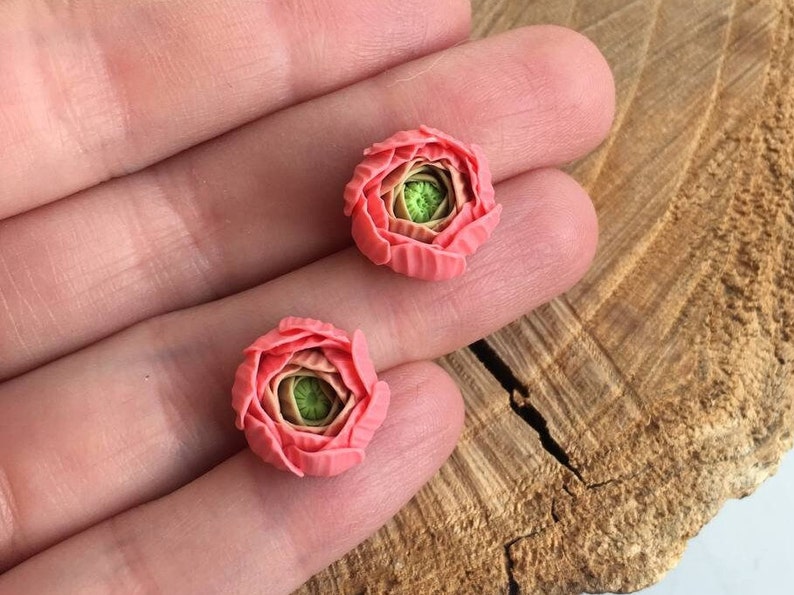 Peach pink ranunculus flower stud earrings