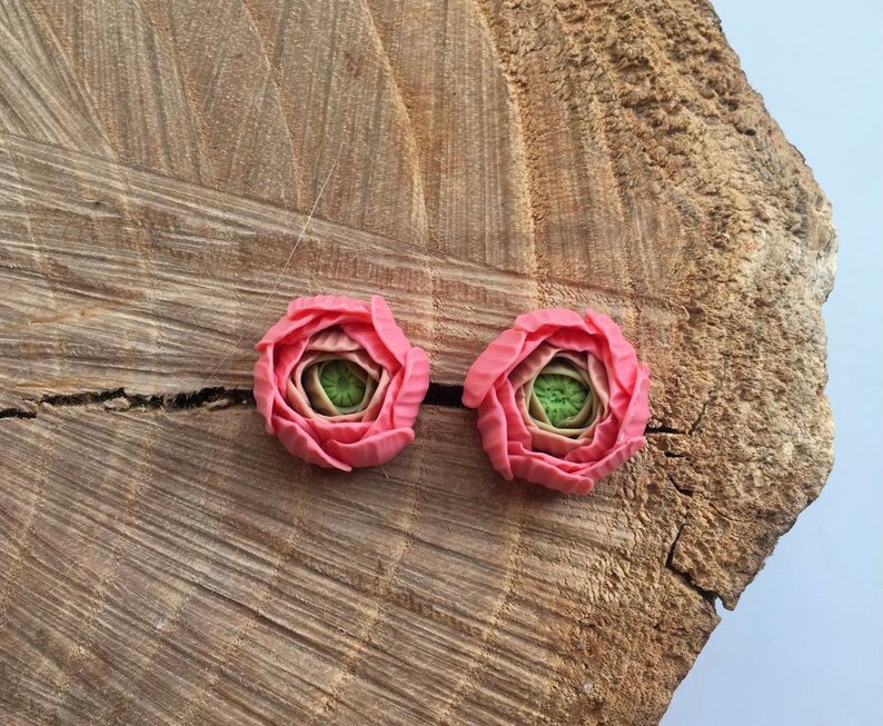 Peach pink ranunculus flower stud earrings, Bridesmaid Gifts, polymer clay jewelry, pink flower earrings image 4