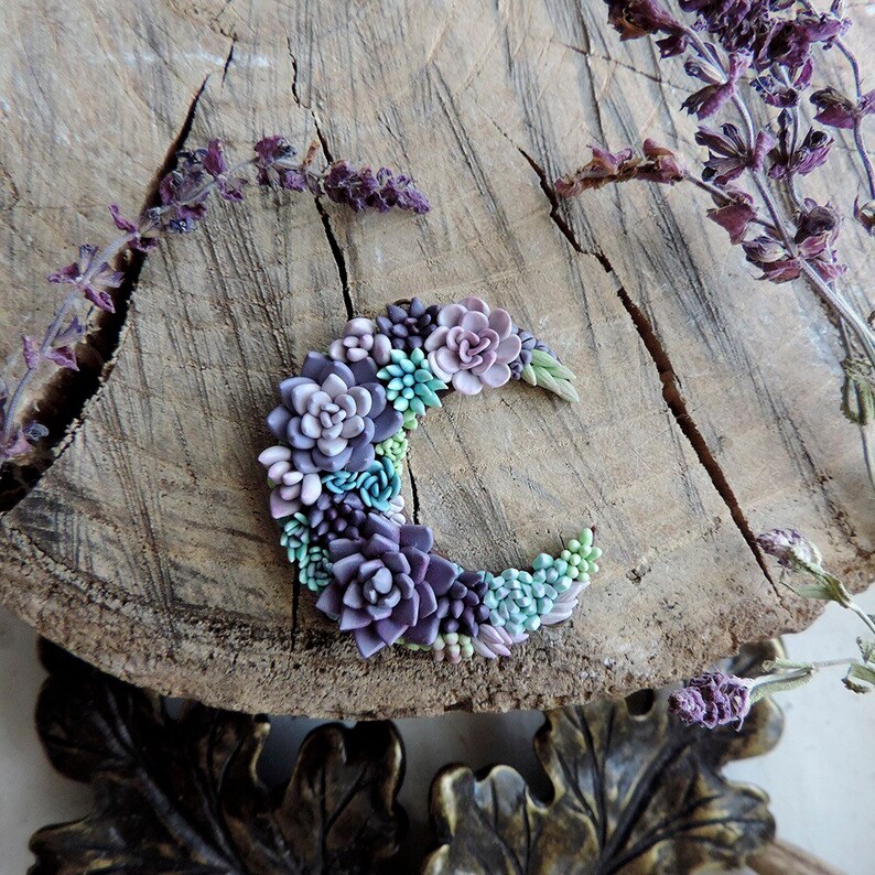 Moon Succulents Pendant Polymer Clay Jewelry Succulents Etsy
