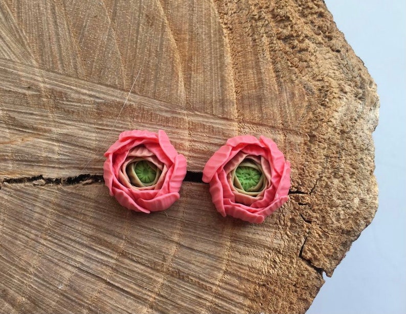 Peach pink ranunculus flower stud earrings, Bridesmaid Gifts, polymer clay jewelry, pink flower earrings image 10