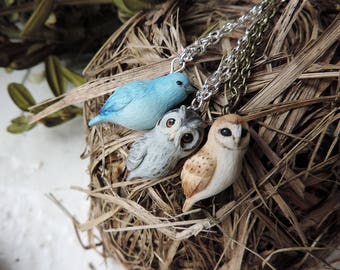 Small bird pendant, Cute little birds necklace, Owls jewelry, Polymer clay jewelry, Hand sculpted little birds, Bird lover gift