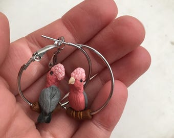 Galah Cockatoo Hoop Earrings: Polymer Clay Tropical Bird Jewelry