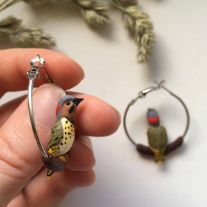 Northern flickers birds hoop earrings polymer clay jewelry