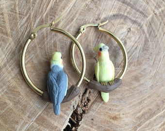 Cockateil Parrot Hoop Earrings, Parrot Earrings, Birds Earrings