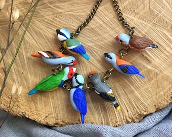 Little birds necklace, small birds jewelry set, colorful polymer clay jewelry, bird lover gift for Christmas