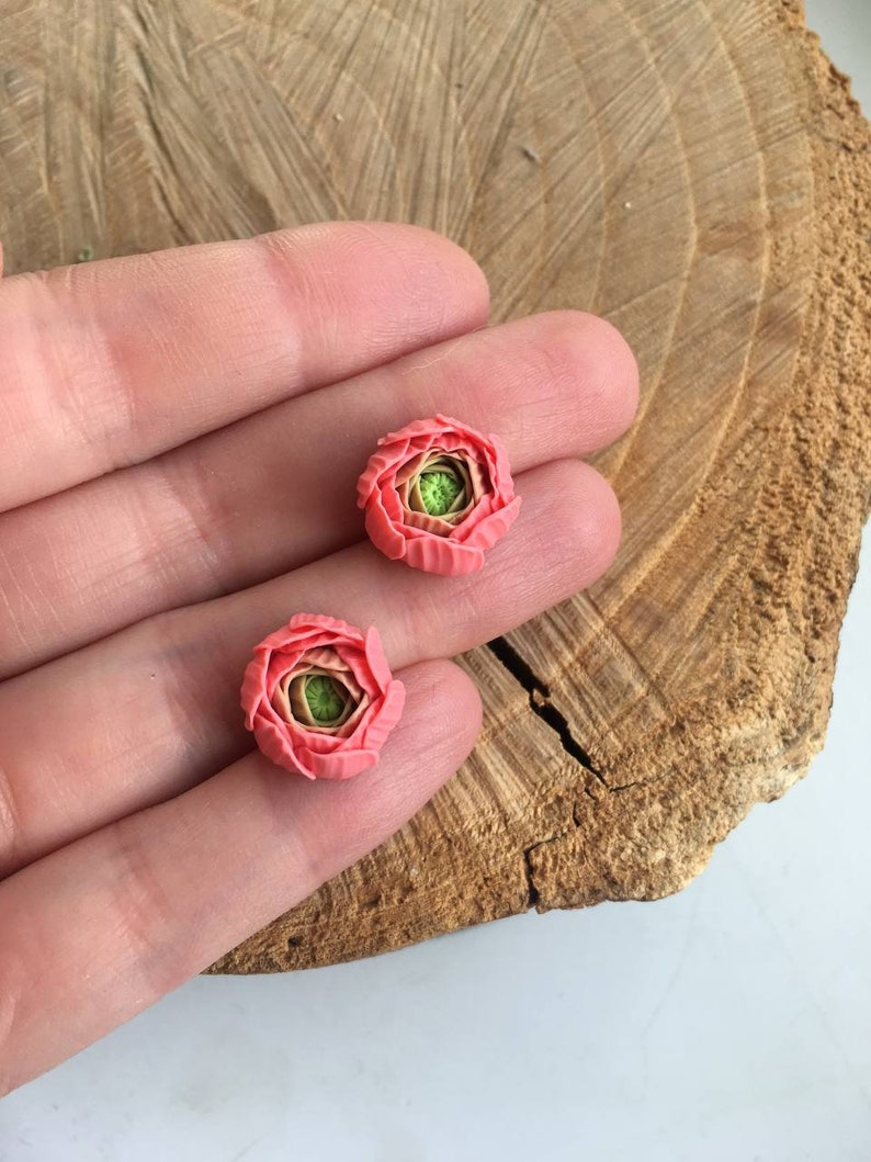 Peach pink ranunculus flower stud earrings, Bridesmaid Gifts, polymer clay jewelry, pink flower earrings image 8