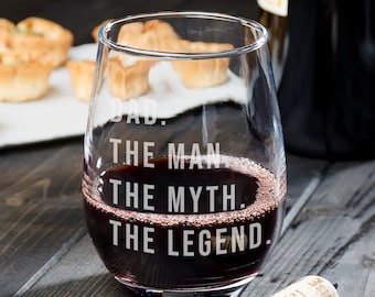 Dad Man Myth Legend Wine Glass – Engraved Stemless Gift for Father Grandpa