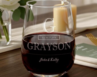 Personalized Wedding Wine Glass — Engraved Stemless Gift for Couples