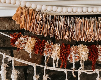 Orange & Cream Yarn Pom Pom Garland: Rustic Home Decor