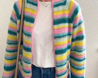 Colorful Striped Handknitted Cropped Alpaca & Silk Blend Cardigan