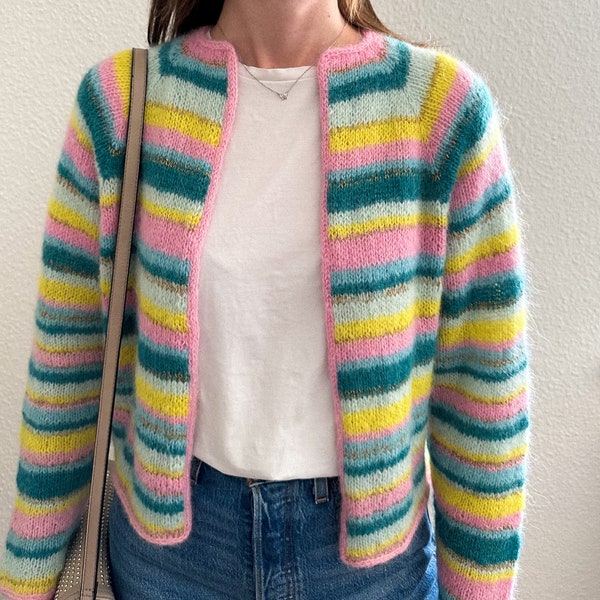 Colorful Striped Handknitted Cropped Alpaca & Silk Blend Cardigan