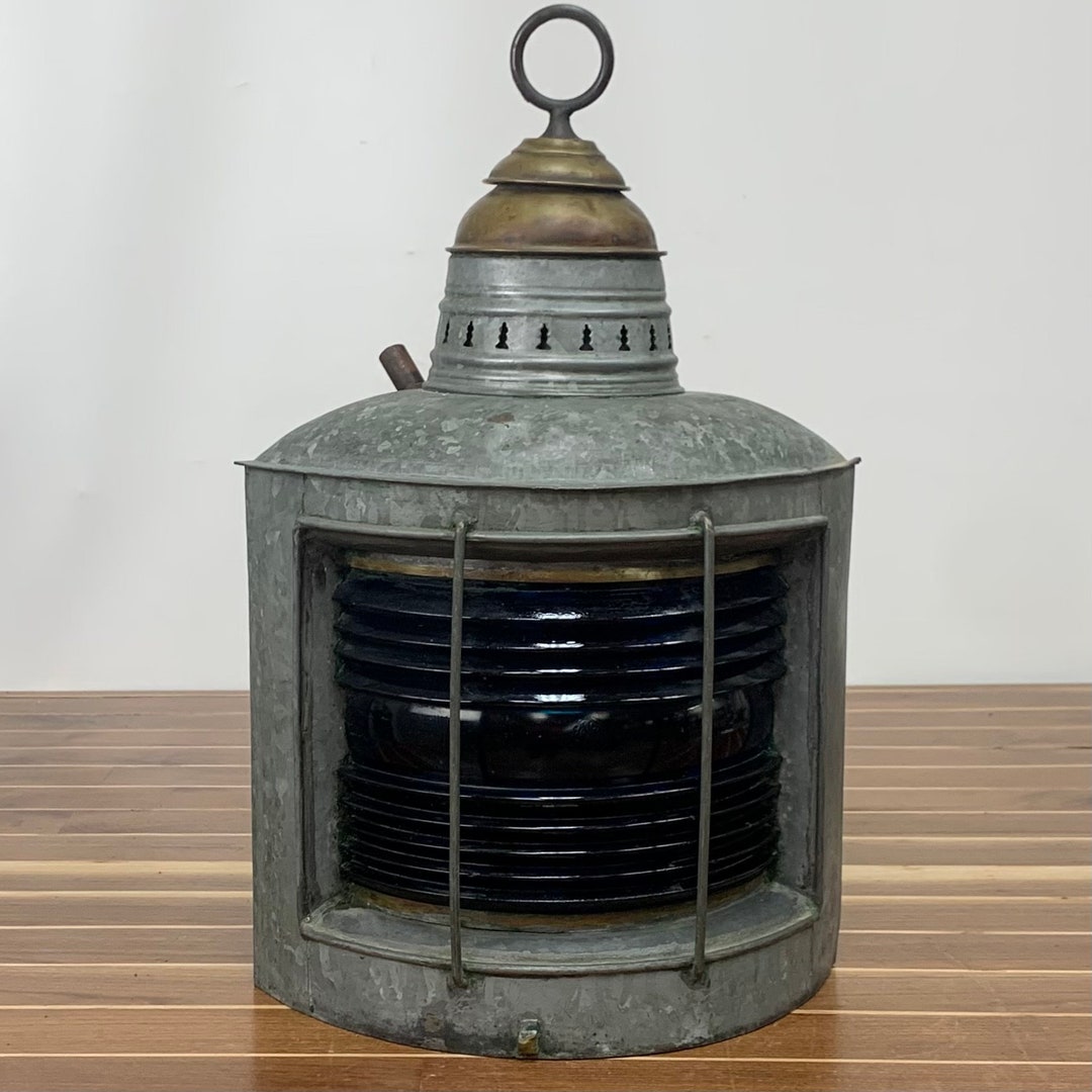 Vintage Galvanized Blue Fresnel Glass Oil Lantern Etsy