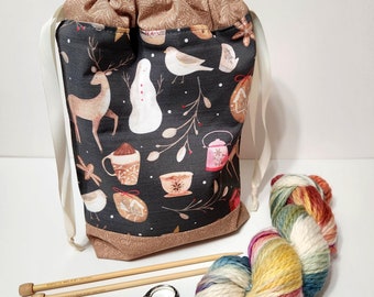 Drawstring Project Bag: Winter Holiday Print, Knitting Travel Bag