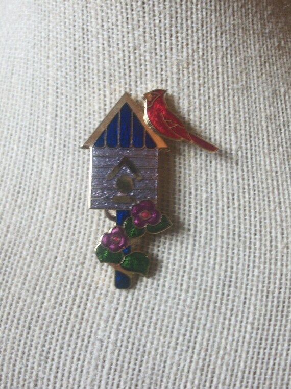 Vintage Jewelry Colorful Bird House Cloisonne Red… - image 1