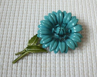 Romantic Larger Vintage Blue Flower Floral Green Long Stem Brooch Pin 030521 Gift For Her Wife