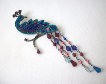 Very Large Vintage Jewelry, Prong Set Peacock Rhinestones 7" Faceted Beads Brooch Pin 63117