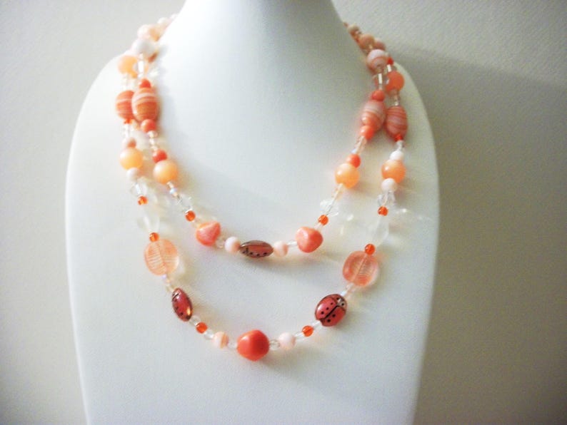 Retro Double Row All Glass Beads Lamp Work Lady Bugs Necklace 5817