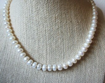 Vintage 16" Necklace, White Glass Pearl, Silver Tone Damask Closure  012221