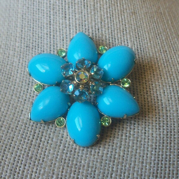 Broche (pin) Fleur éclatante Avec Perles Bleues, Pétales Et Strass - Style Jardin Feuillage D'automne - Neuf Sans Emballage