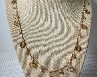 Vintage 30&quot; - 33&quot; Necklace Clear Topaz  Champagne Czech Glass Bezel Set Gold Tone 81217